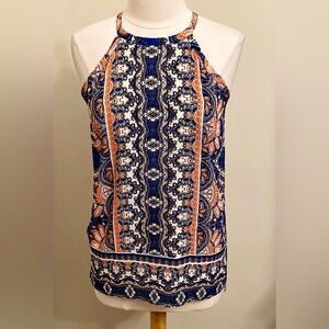 The Limited Blue Orange White Geometric Print Tie Back Sleeveless Halter Top XS